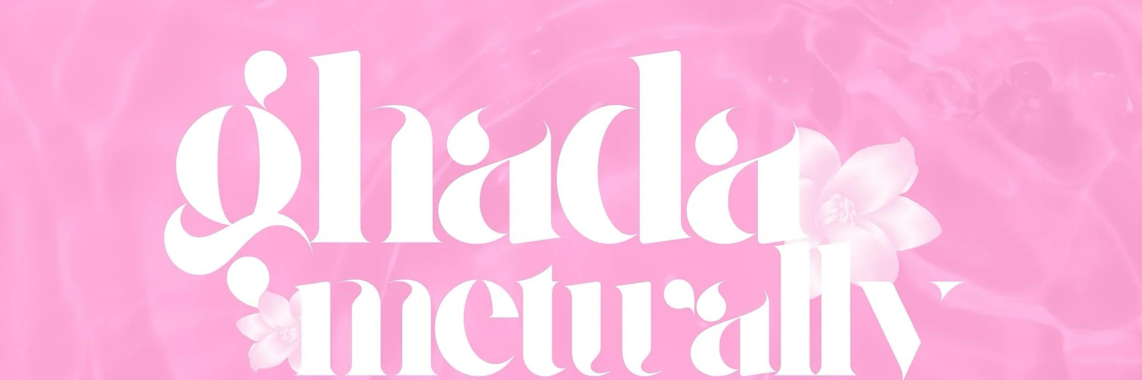 From her Instagram banner: the Ghada Metwally wordmark in white over pink water, with frangipani flowers.